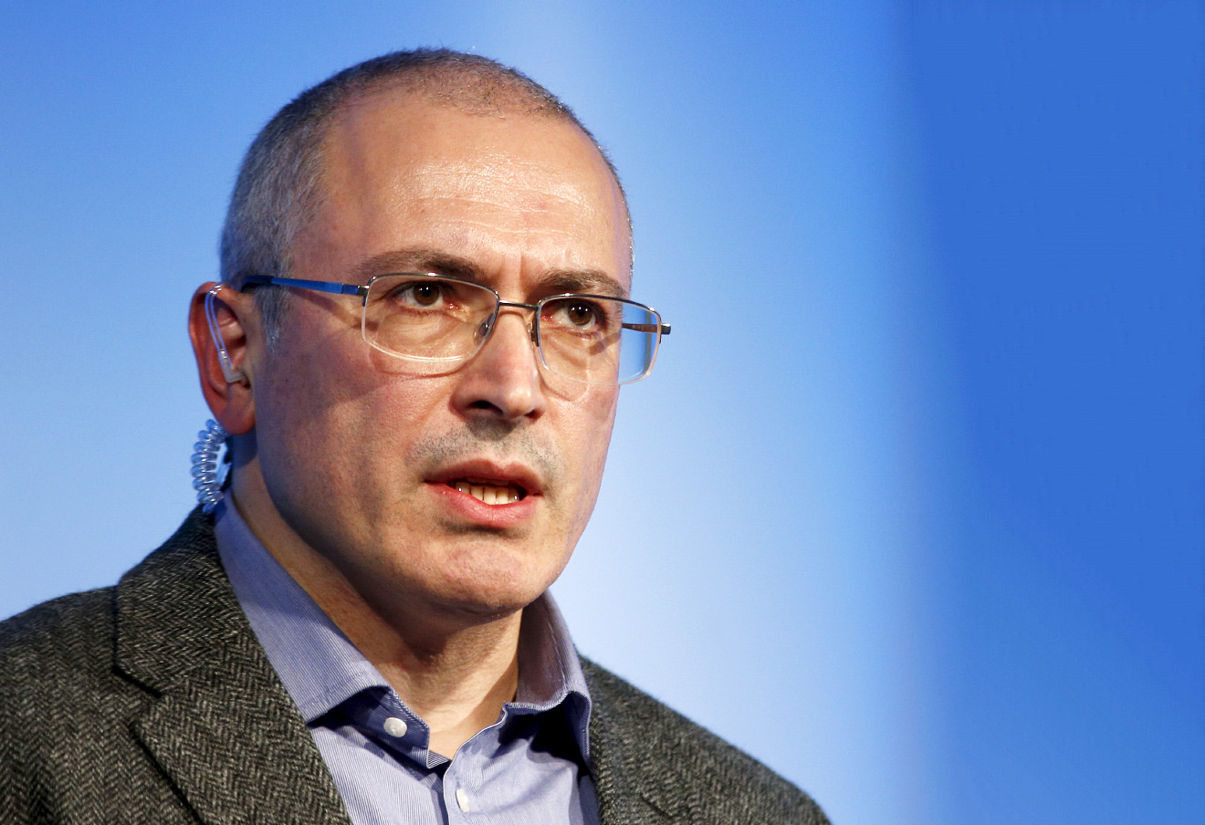 Former Russian tycoon Mikhail Khodorkovsky speaks during a Reuters Newsmaker event at Canary Wharf in London