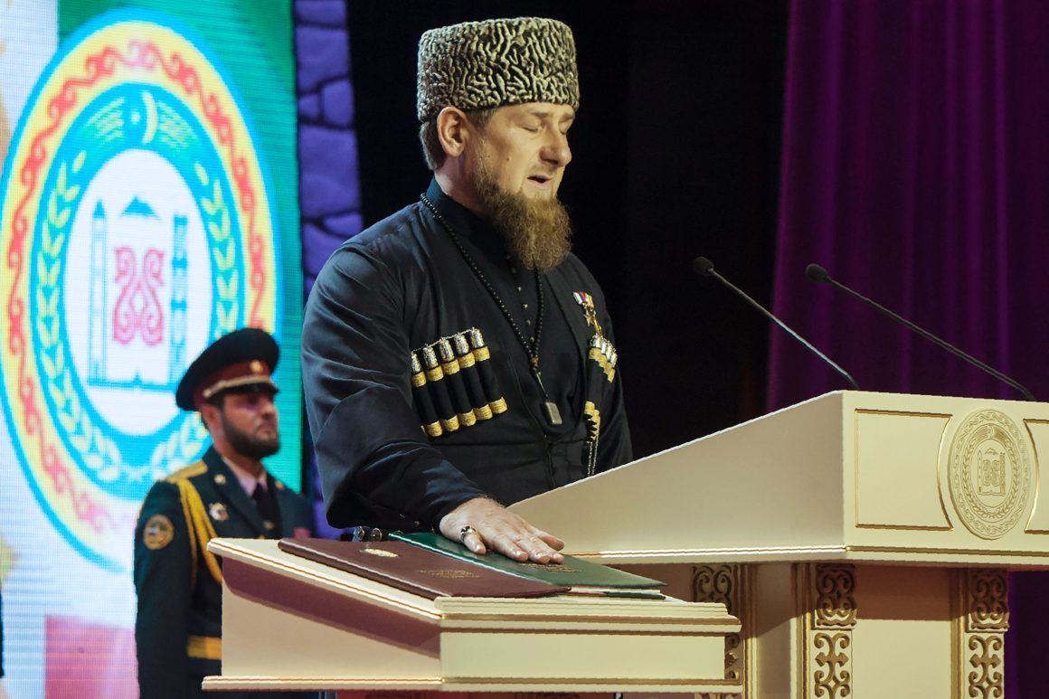 Ramzan Kadyrov takes an oath during the ceremony of his inauguration as the head of Russia's Caucasus region of Chechnya for a third term, in Grozny on October 5, 2016. / AFP / ELENA FITKULINA (Photo credit should read ELENA FITKULINA/AFP/Getty Images)